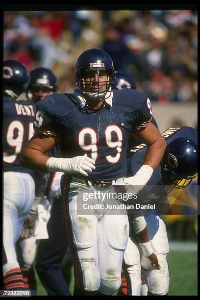 Defensive lineman Dan Hampton of the Chicago Bears looks on during a game against the Minnesota Vikings at Soldier Field in Chicago, Illinois. The...