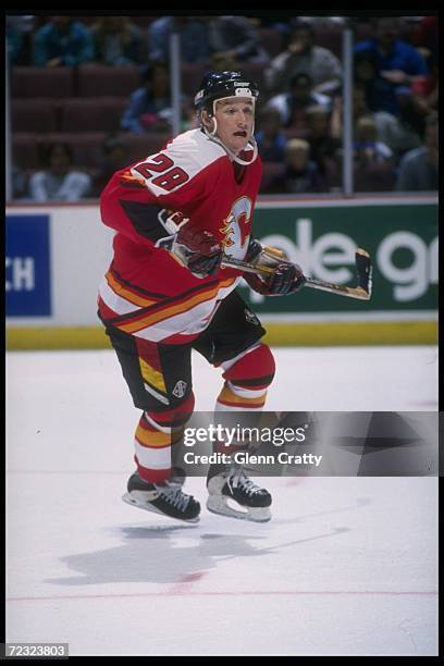 Center Marty Murray of the Calgary Flames moves down the ice during a game against the Anaheim Mighty Ducks at Arrowhead Pond in Anaheim, California....