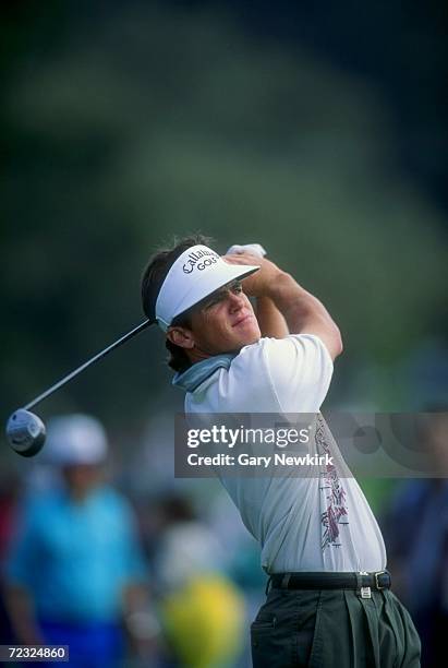 Brian Henninger watches the ball after his swing during the AT&T Pebble Beach National Pro-Am at Pebble Beach, California. Mandatory Credit: Gary...