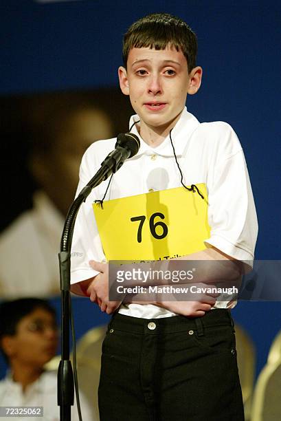 David Tidmarsh of South Bend, Indiana, looks to the official?s table after spelling the word gaminerie correctly to advance to round 15 in the...