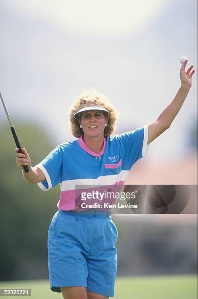 Betsy King celebrates after sinking a putt to win the 1990 Dinah Shore Golf Tournament at the Mission Hills Country Club in Rancho Mirage,...