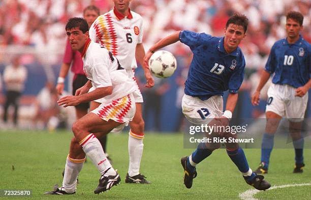 Dino Baggio of Italy battles Miguel Angel Nadal of Spain during their Quarter Final match in the 1994 World Cup at Foxboro Stadium, Foxboro,...