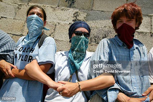 Activists from the pro-Palestinian International Solidarity Movement join to protect a Palestinian property during a protest action against Israel's...