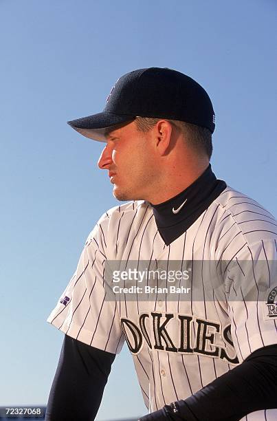 Outfielder Darren Bragg of the Colorado Rockies poses for a portrait during Spring Training Photo Day in Tucson, Arizona. Mandatory Credit: Brian...