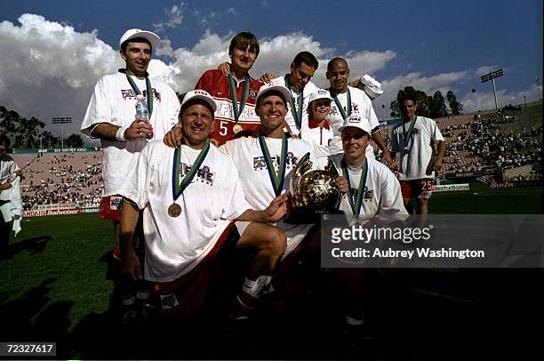 General view as members of the Chicago Fire celebrate following the 1998 MLS Cup against the DC United at the Rose Bowl in Pasadena, California. The...