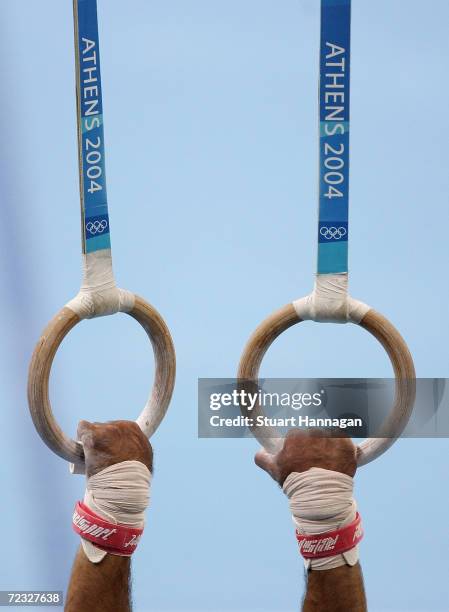 Filipe Bezugo of Portugal competes in the artistic gymnastics individual qualifications on August 14, 2004 during the Athens 2004 Summer Olympic...