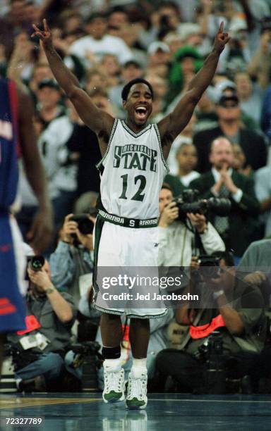 Mateen Cleaves of Michigan State celebrates during the final round of the NCAA Men''s Final Four against Florida at the RCA Dome in Indianapolis,...