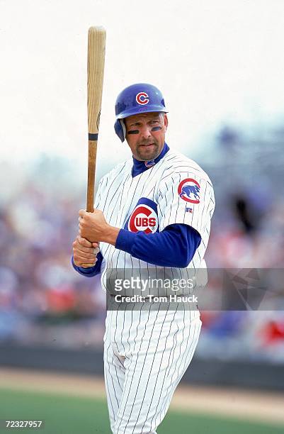 Mark Grace of the Chicago Cubs getting ready to bat during the Spring Training Game against the Milwaukee Brewers at the HoHoKam Park in Mesa,...