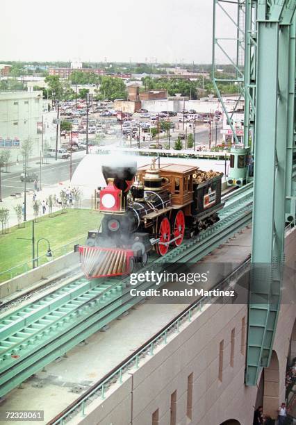 General view of a train on the stadium wall taken during a game between the Houston Astros and the Philadelphia Phillies at Enron Field in Houston,...