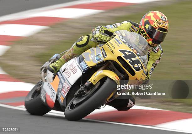 Valentino Rossi of Italy and Honda in action during the first practice session for the Qantas Australian 500cc Grand Prix, to be held at the Phillip...