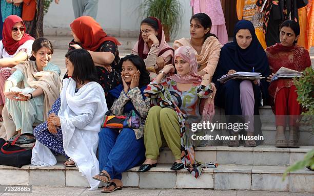 Students at the all female Fatima Jinnah University on the third day of a week long tour of the country on October 31, 2006 in Islamabad, Pakistan.