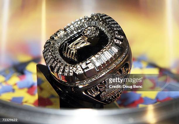 Championship ring made for Shaquille O'Neal of the Miami Heat is shown to the media before the ring presentation ceremony prior to the game against...