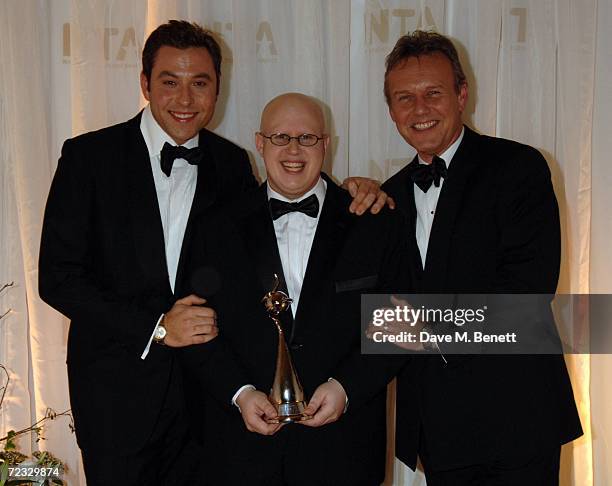 Comedians David Walliams and Matt Lucas pose in the Awards Room with the Most Popular Comedy Programme Award for Little Britain with actor Anthony...