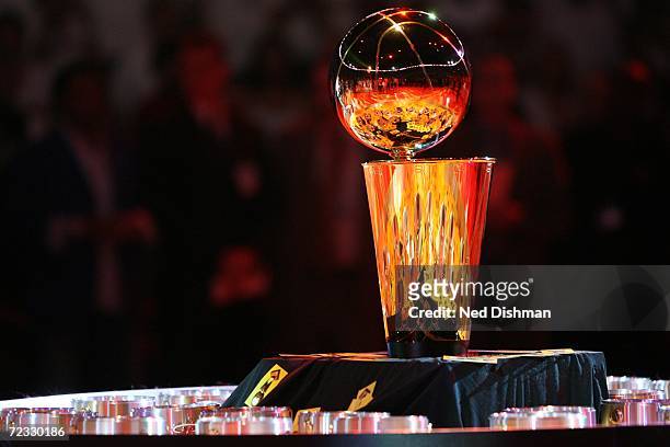 View of the Larry O'Brien Championship Trophy during the ring ceremony honoring the Miami Heat for winning the 2006 NBA Championship prior to the...