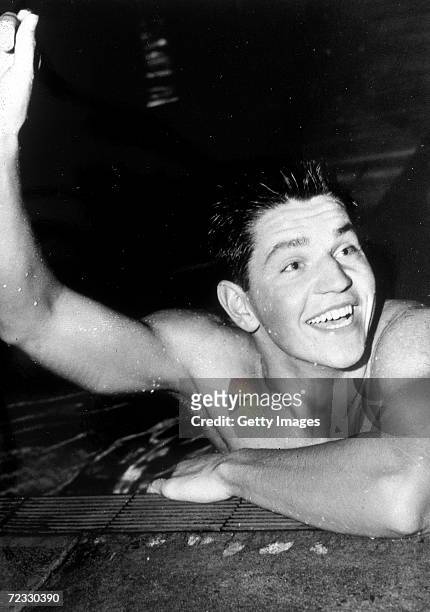 John Konrads of Australia celebrates after winning the mens 1500m freestyle during the 1960 Rome Olympics held in Rome, Italy. Konrads was an...