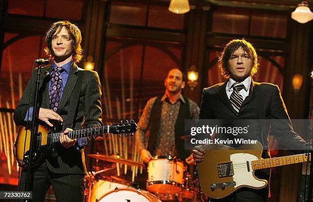 Rock band OK Go, with singer Damian Kulash , drummer Dan Konopka and guitarist Andy Ross, performs at "The Late Late Show with Craig Ferguson" at CBS...