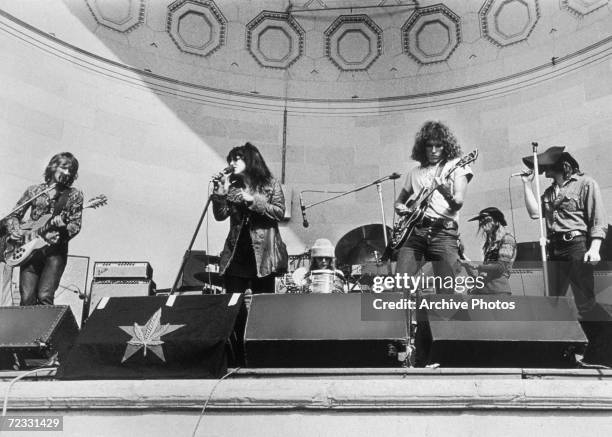 American psychedelic rock group Jefferson Airplane performing at the Naumburg Bandshell in central Park, New York, 15th August 1972, with...