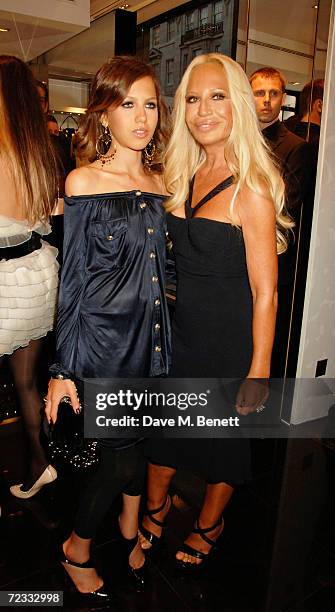 Allegra Beck and Donatella Versace attend the launch party for the 21st anniversary issue of Elle Magazine hosted by Donatella Versace and Loriane...