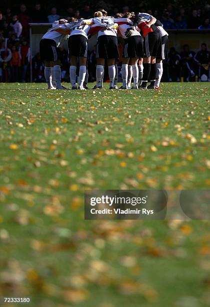 Team Germany gathers together prior to the women's U19 international friendly match between Germany and Sweden at the Jahn Stadium on November 1,...
