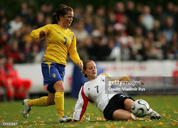 Susanne Hartel of Germany and Julia Bhy of Sweden battle for the ball during the women's U19 international friendly match between Germany and Sweden...