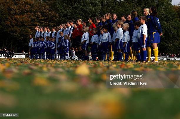 Team Germany and team Sweden line up for the national anthems prior to the women's U19 international friendly match between Germany and Sweden at the...