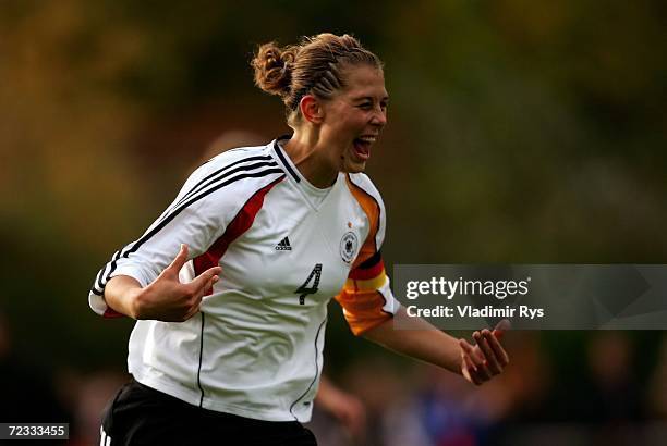 Carolin Schiewe of Germany celebrates after scoring the 2nd goal during the women's U19 international friendly match between Germany and Sweden at...