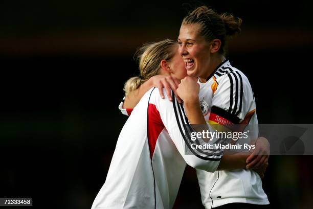 Carolin Schiewe celebrates with her team mate Josephine Schlanke of Germany after scoring the 2nd goal during the women's U19 international friendly...