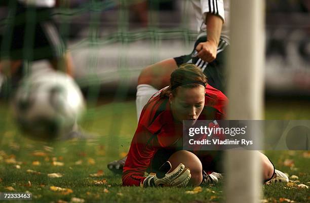 Nina Fellbrandt of Sweden receives the first goal from Susanne Hartel of Germany during the women's U19 international friendly match between Germany...