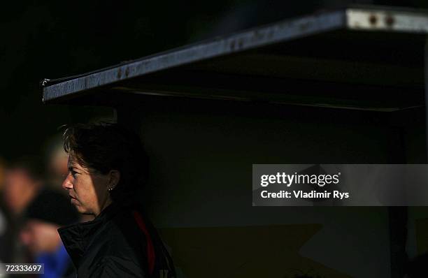 Coach Maren Meinert of Germany looks on during the women's U19 international friendly match between Germany and Sweden at the Jahn Stadium on...