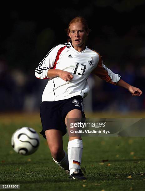 Christina Schellenberg of Germany plays the ball during the women's U19 international friendly match between Germany and Sweden at the Jahn Stadium...