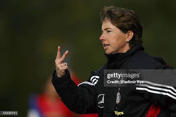 Coach Maren Meinert of Germany gives instructions during the women's U19 international friendly match between Germany and Sweden at the Jahn Stadium...