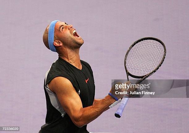 James Blake of United States celebrates after defeating Arnaud Clement of France during day three of the BNP Paribas ATP Tennis Masters Series at the...