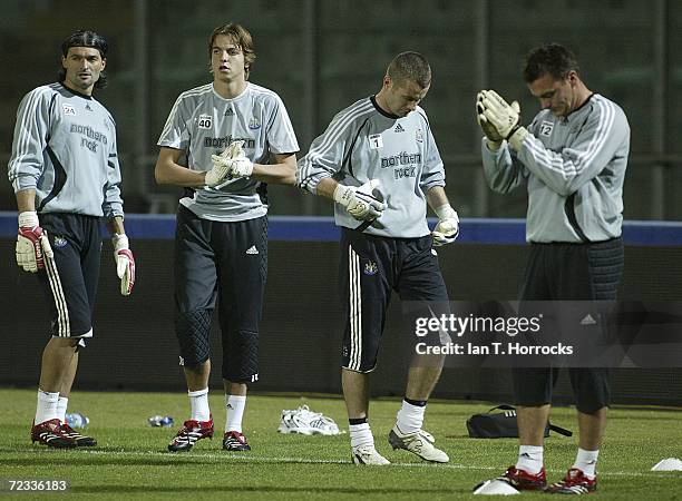 Newcastle goalkeepers Pavel Sirnicek, Tim Krul, Shay Given and Steve Harper take part in a Newcastle United training session at the Stadio Renzo...