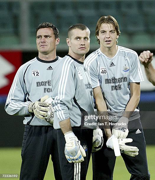 Newcastle keepers (L-R Steve Harper, Shay Given and Tim Krul take part in a Newcastle United training session at the Stadio Renzo Barbera on November...