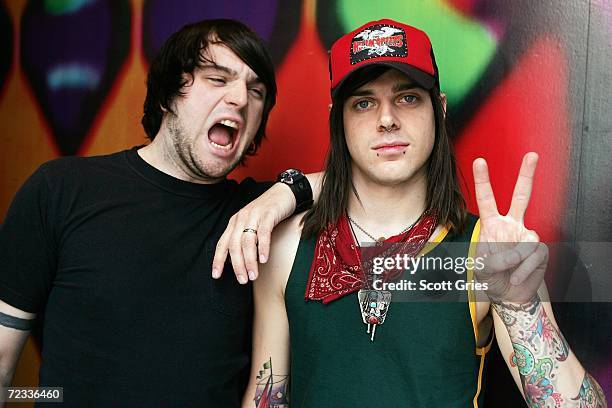 Jake Schultz and Cory Brandan of the band Norma Jean pose for a photo backstage during MTV2's Headbangers Ball at the MTV Times Square Studios on...