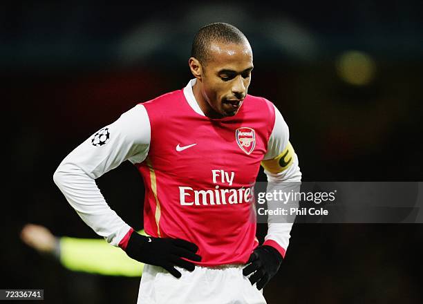 Thierry Henry of Arsenal shows his disappointment as a chance for his team goes wide during the UEFA Champions League Group G match between Arsenal...