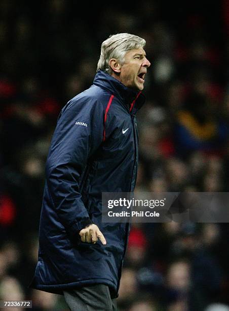 Arsene Wenger the Arsenal Manager shouts instructions from the touchline during the UEFA Champions League Group G match between Arsenal and CSKA...