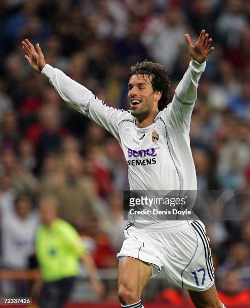 Ruud van Nistelrooy of Real Madrid celebrates after Real's first goal against Steaua Bucharest during the UEFA Champions League Group E match between...