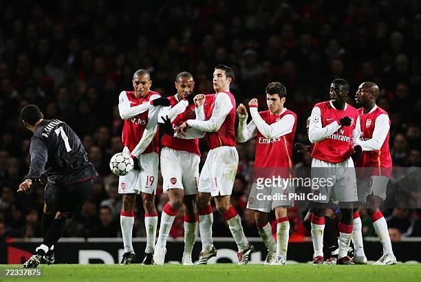 Daniel Carvalho of CSKA Moscow fires his freekick at the Arsenal defensive wall during the UEFA Champions League Group G match between Arsenal and...