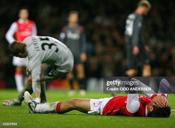 Arsenal's Spanish midfielder Francesc Fabregas reacts as yet another chance against CSKA Moscow goes begging during their Champions league group G...