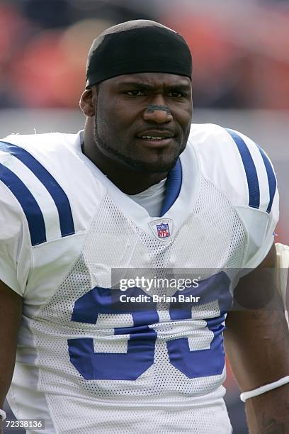 Running back Dominic Rhodes of the Indianapolis Colts watches the game against the Denver Broncos on October 29, 2006 at Invesco Field at Mile High...