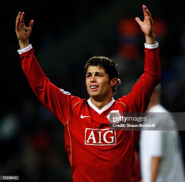 Cristiano Ronaldo of Manchester United reacts to a decision by the referee during the UEFA Champions League Group F match between FC Copenhagen and...