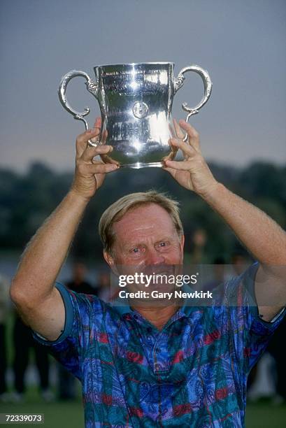 Jack Nicklaus holds up his winning trophy during the U.S Senior Open at Cherry Hills Golf Course in Englewood, Colorado. Mandatory Credit: Gary...