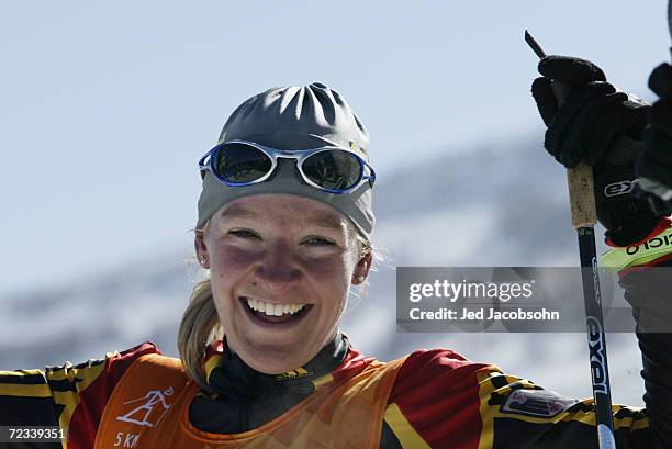 Viola Bauer of Germany is all smiles after finishing 5th in the Women's 5km Free Pursuit Cross Country at Soldier Hollow in Heber City during the...