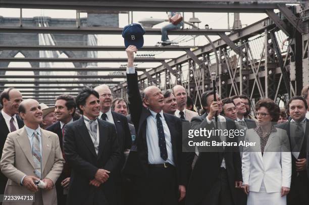 Mayor of New York City Ed Koch and Borough President of Manhattan, Andrew Stein among the dignitaries at the dedication of Brooklyn Bridge on its...