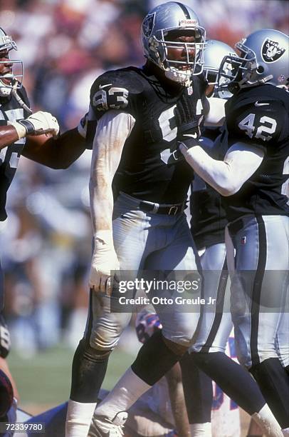 Defensive end James Harris of the Oakland Raiders in action during the game against the New York Giants at the Oakland Coliseum in Oakland,...