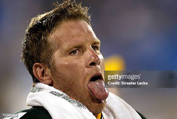 Quarterback Brett Favre of the Green Bay Packers sticks his tongue out after defeating the Carolina Panthers 24-14 on September 13, 2004 at Bank of...