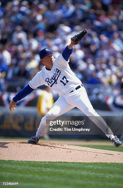 Pitcher Kevin Appier of the Kansas City Royals winds back to throw the ball during the game against the Boston Red Sox at Ewing M. Kauffman Stadium...