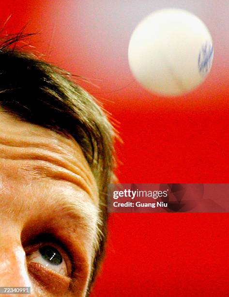 Jorg Rosskopf of Germany serves a ball during the men's singles match in the 48th World Table Tennis Championships at Shanghai Gymnasium on May 3,...