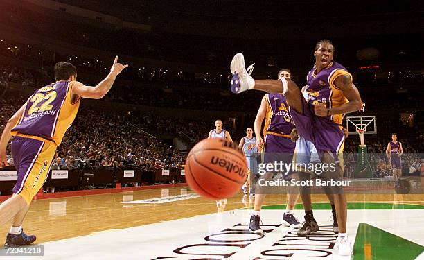 James Smith of the Kings screams after dunking during the round 1 NBL match between the Sydney Kings and the West Sydney Razorbacks held at the...